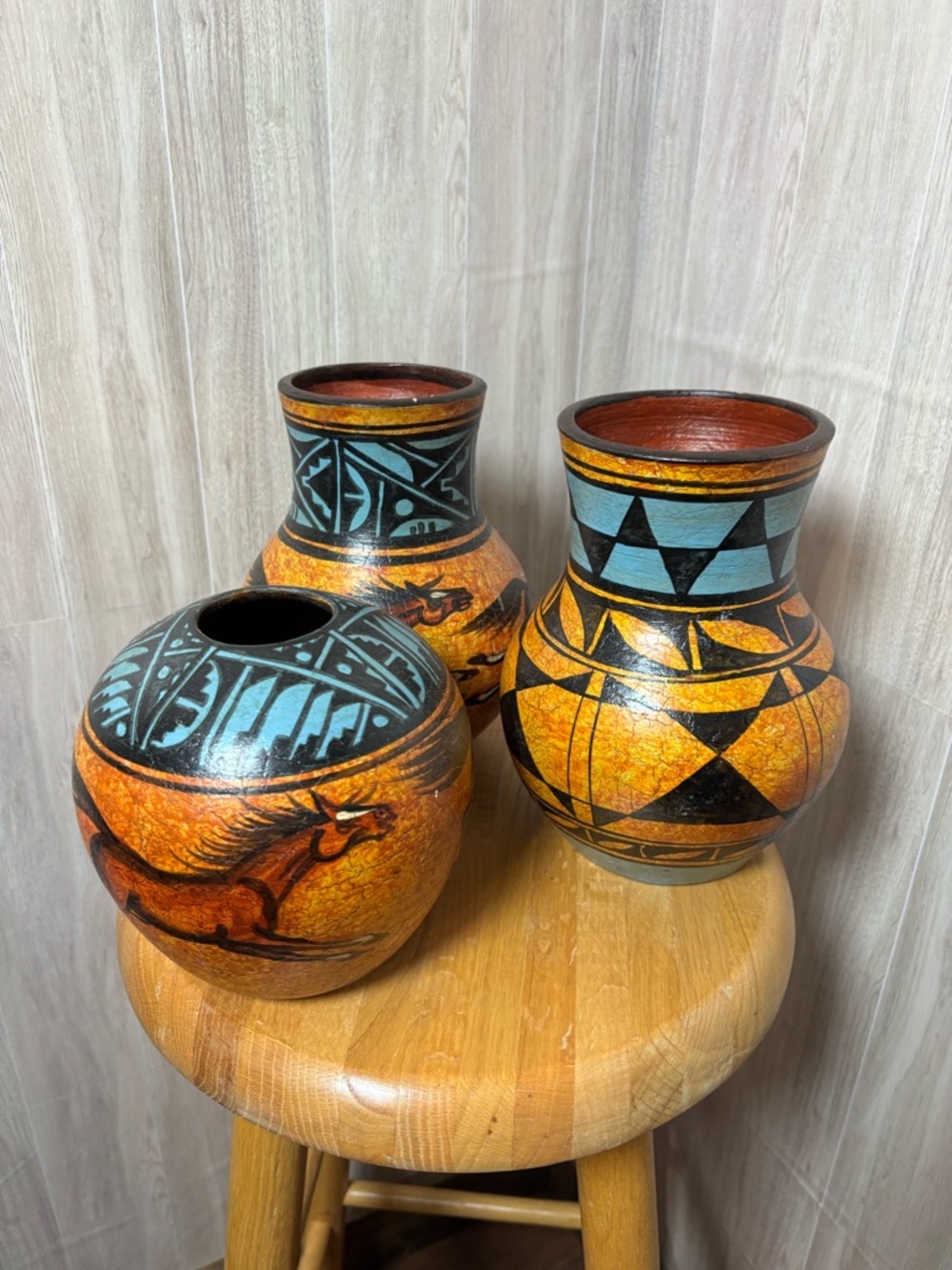 Solis Ollin Mexican Pottery Vases Hand painted Signed in Mexico Horses Cave Art